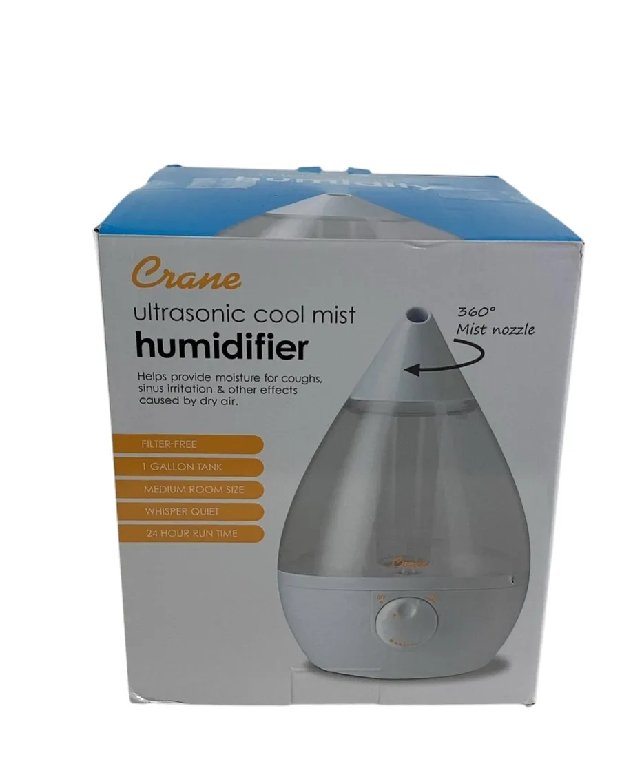 Crane 4-in-1 Drop Ultrasonic Cool Mist Humidifier, Clear & White