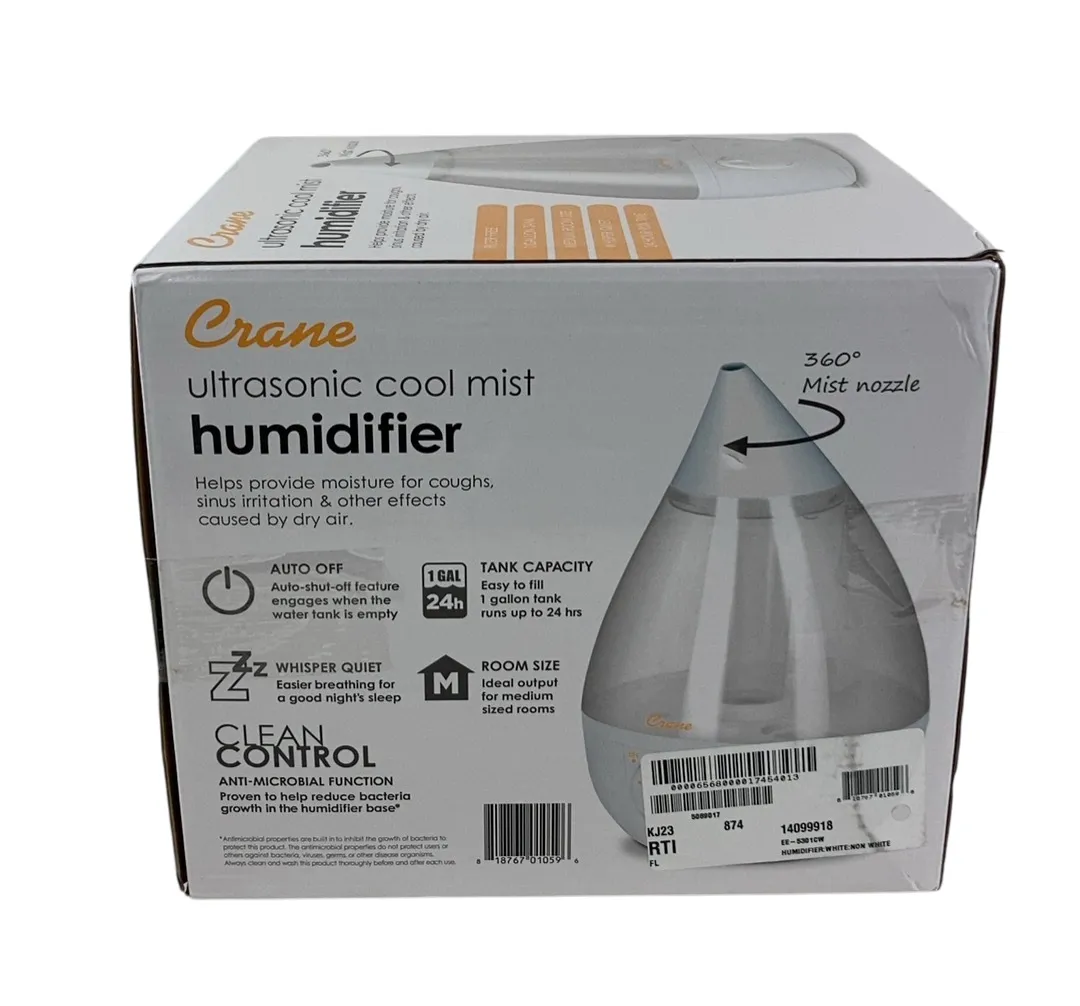 Crane 4-in-1 Drop Ultrasonic Cool Mist Humidifier, Clear & White