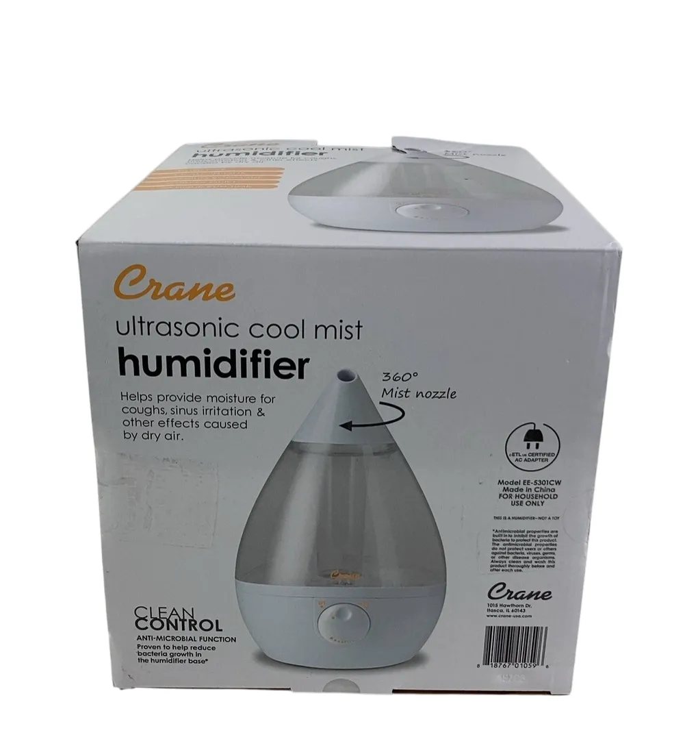 Crane 4-in-1 Drop Ultrasonic Cool Mist Humidifier, Clear & White