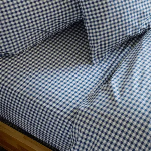 Indigo Small Gingham Cotton Fitted Sheet Piglet In Bed
