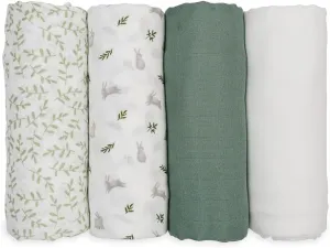 Lulujo Bamboo Muslin Swaddle Blankets 4-Pack, Fern and Bunnies