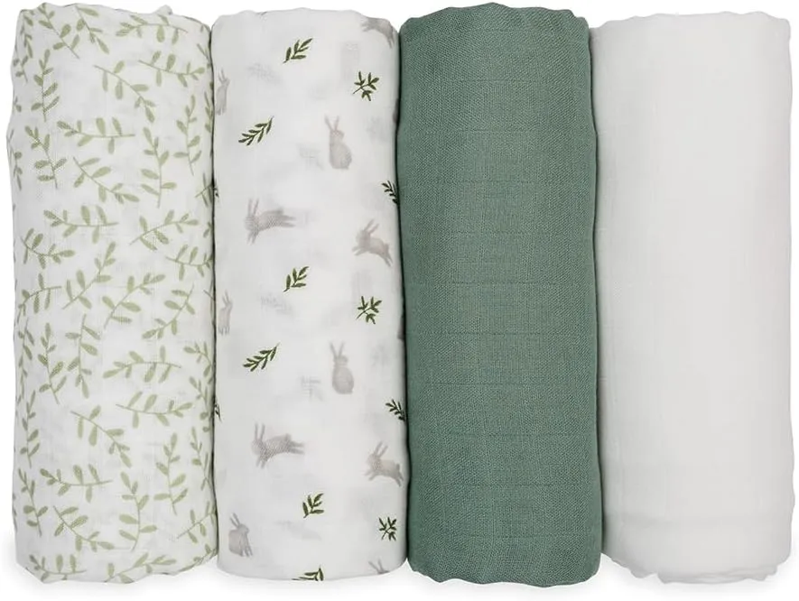 Lulujo Bamboo Muslin Swaddle Blankets 4-Pack, Fern and Bunnies