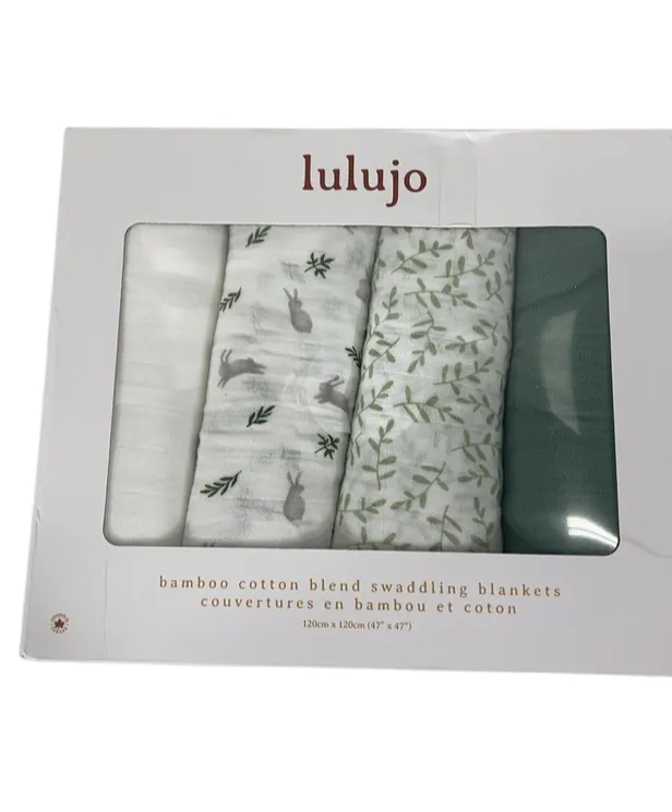 Lulujo Bamboo Muslin Swaddle Blankets 4-Pack, Fern and Bunnies