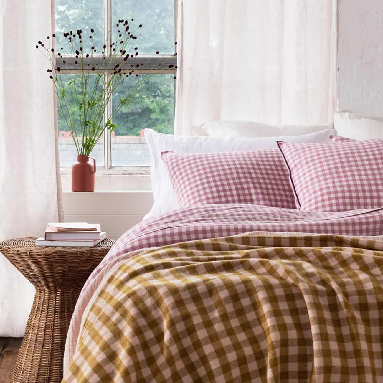 Ochre Gingham Wool Blanket Piglet In Bed