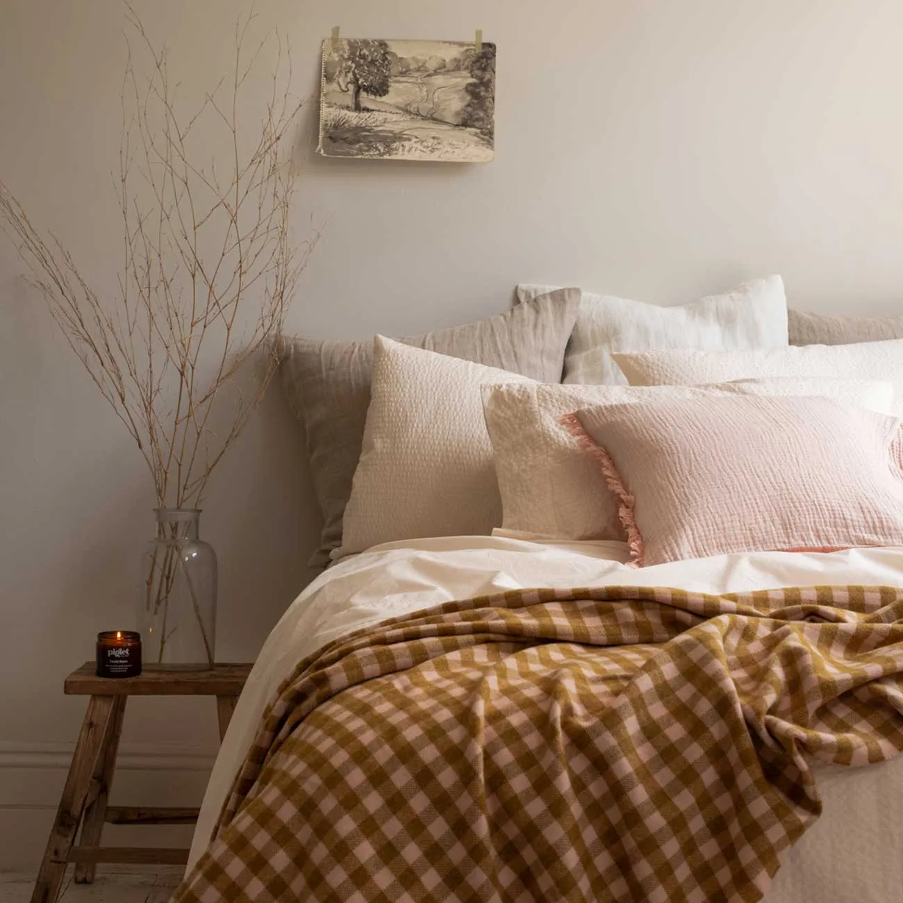 Ochre Gingham Wool Blanket Piglet In Bed