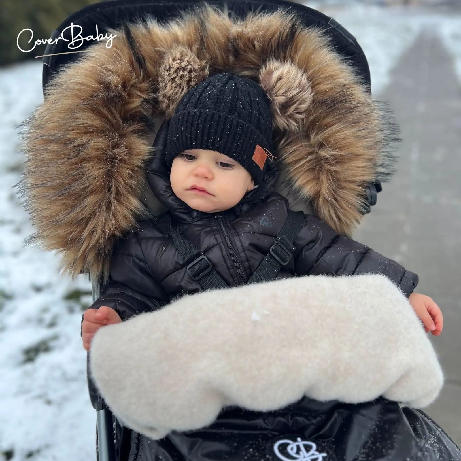 Organic Premium Beige Wool Adjustable Footmuff, Pastel Black