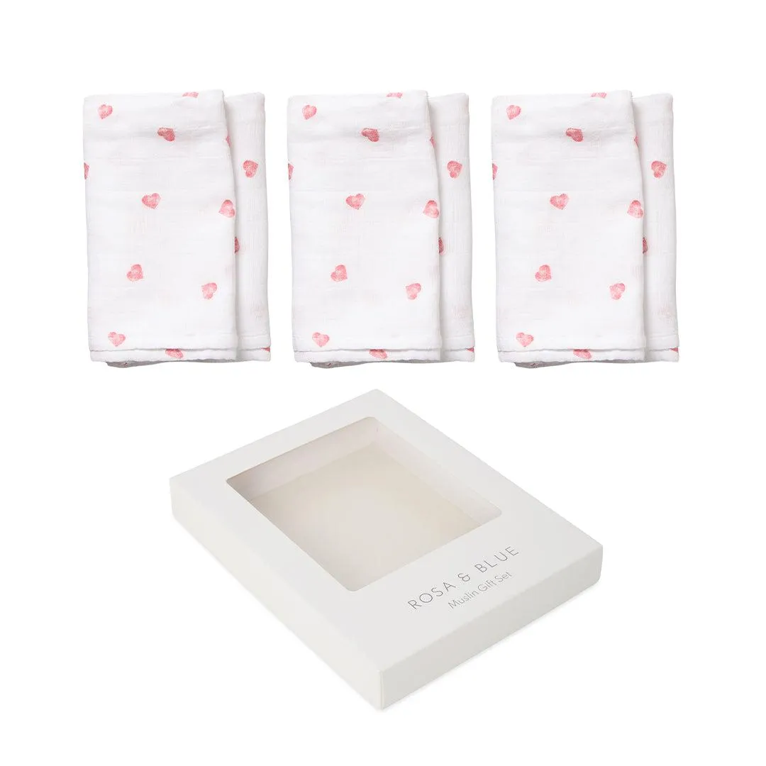 Rosa & Blue Muslin Squares - Heart - 3 Pack