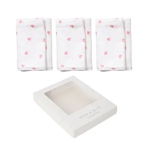 Rosa & Blue Muslin Squares - Heart - 3 Pack