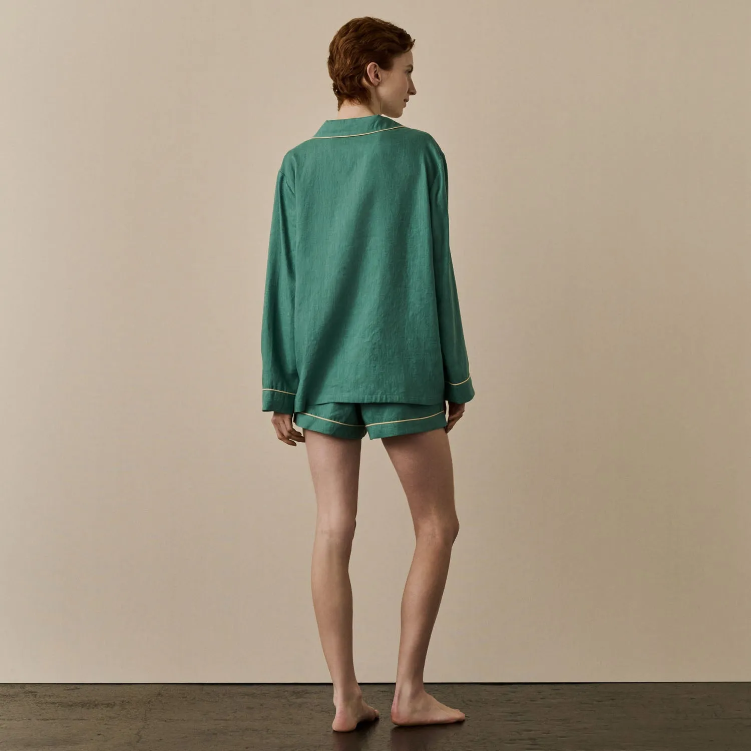 Tranquil Green Linen Pajama Shorts Piglet In Bed