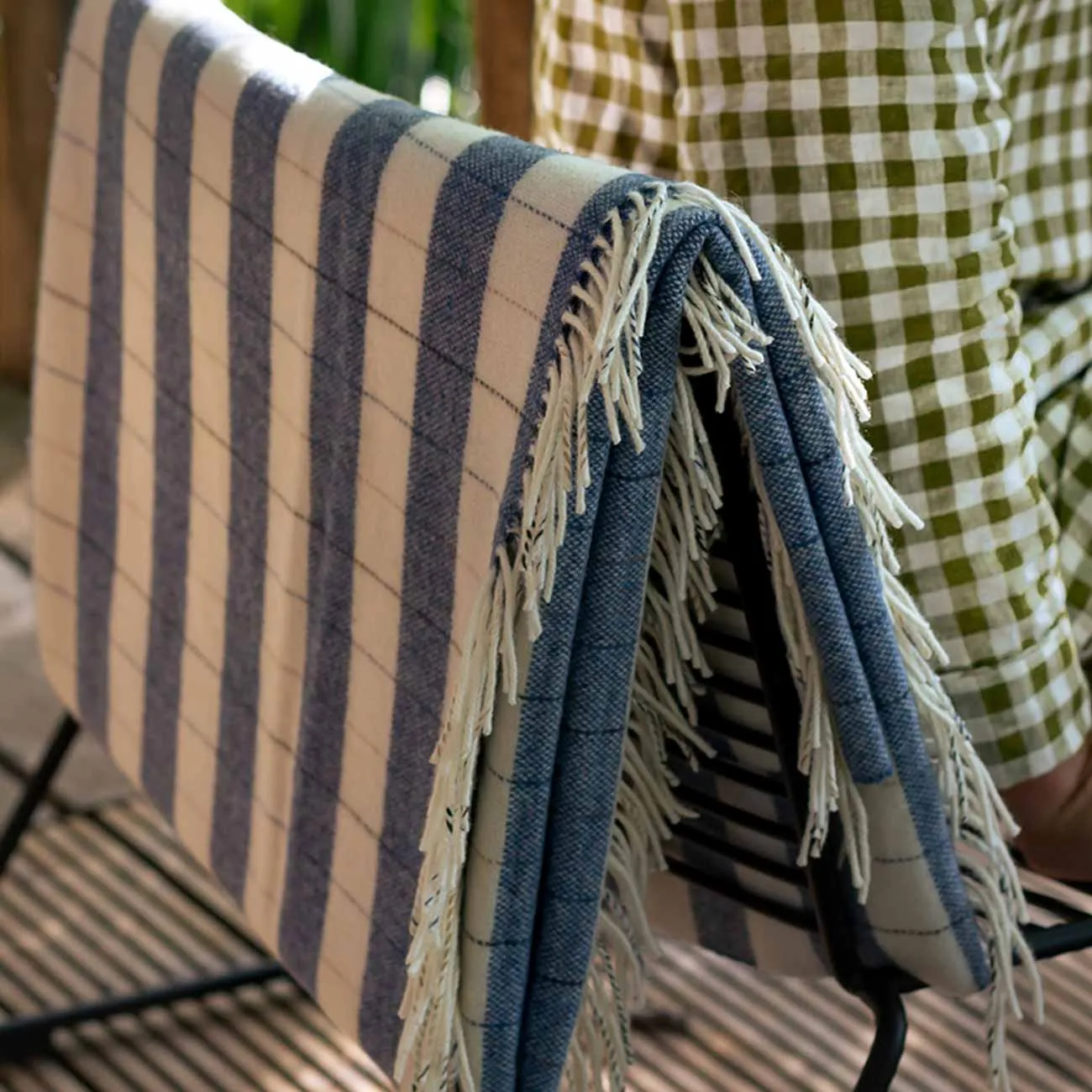 Warm Blue Checked Stripe Wool Blanket Piglet In Bed