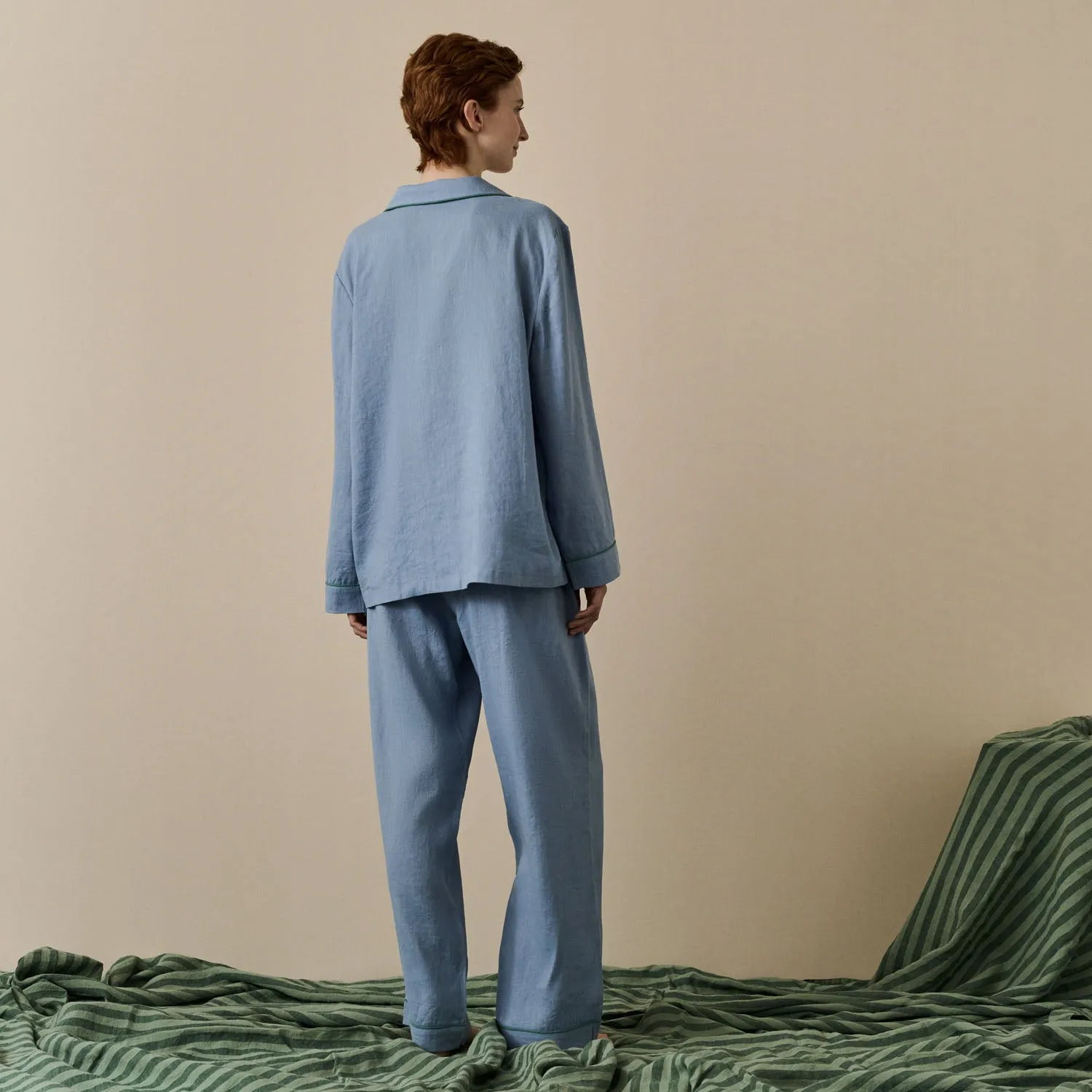 Wave Blue Linen Pajama pants Piglet In Bed