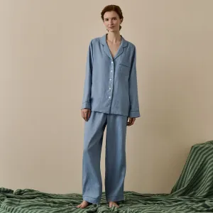 Wave Blue Linen Pajama pants Piglet In Bed
