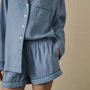 Wave Blue Linen Pajama Shorts Piglet In Bed